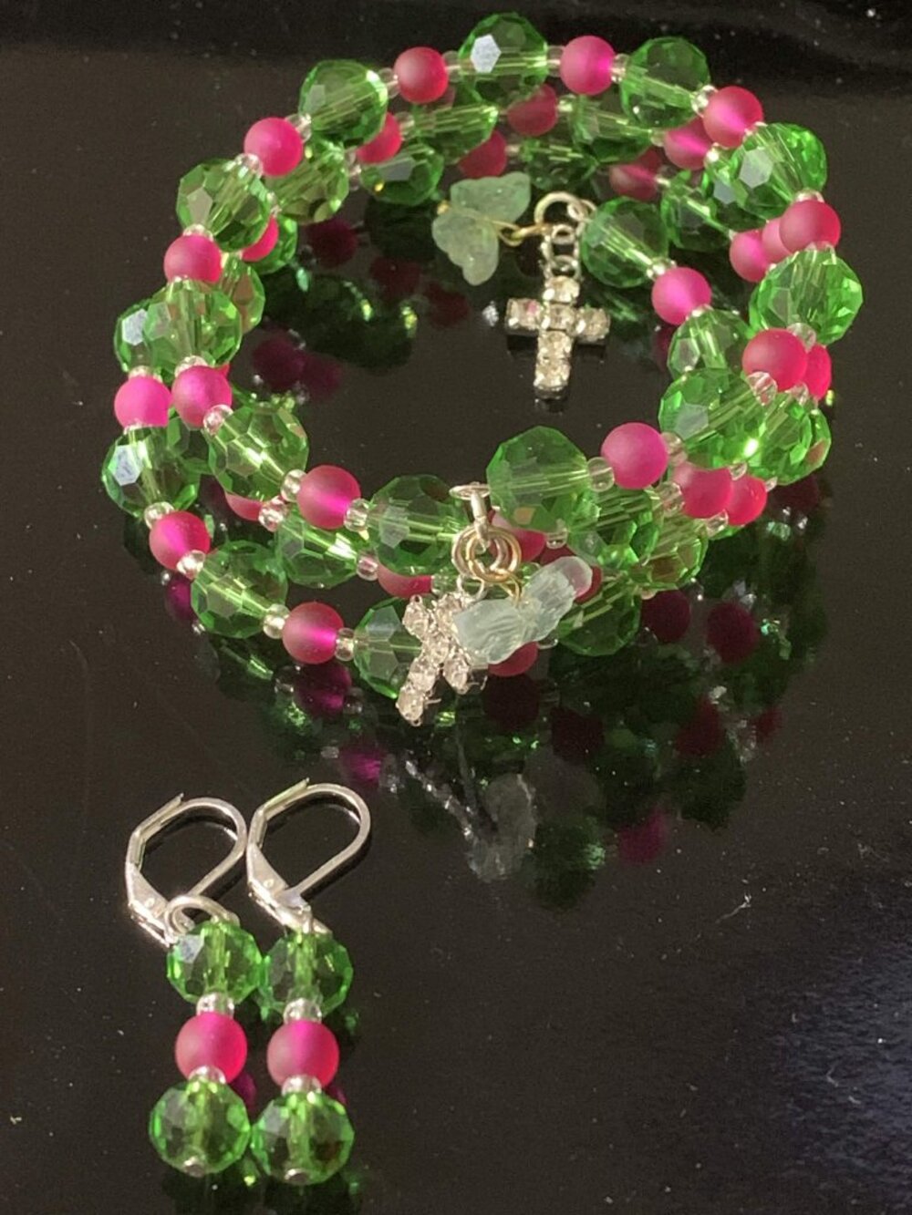 'Butterflies are angel in disguise' beaded coil bracelet and earrings set